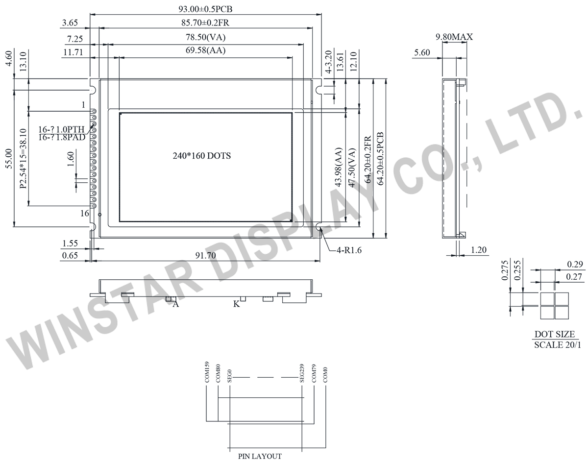 Winstar WO240160A 240x160 LCD COG Module