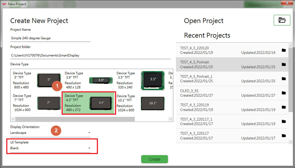 Creare un nuovo progetto e selezionare un modello vuoto di display a 4,3 in GUI Builder.