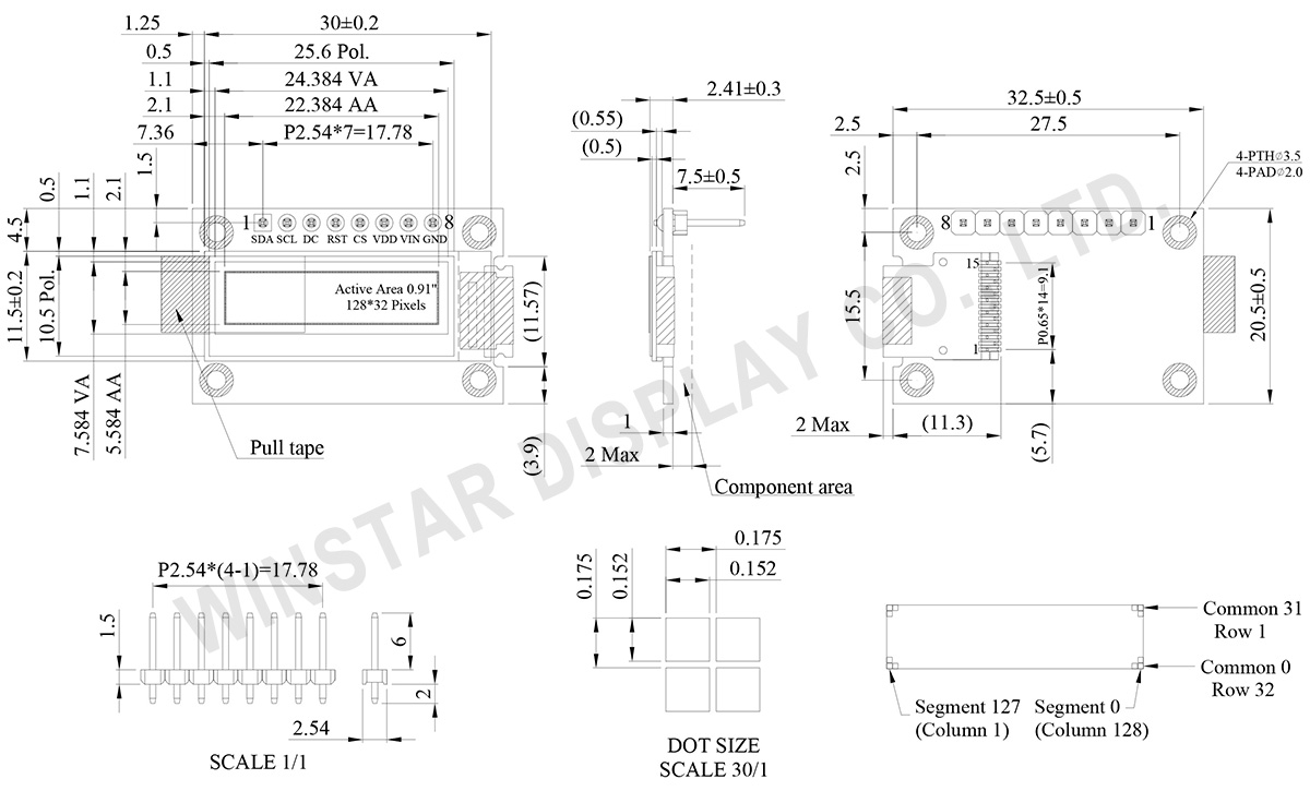 12832 OLED, 0.91 inch SPI, SSD1306 OLED Display (COG PCB) - WEA012832D - Winstar