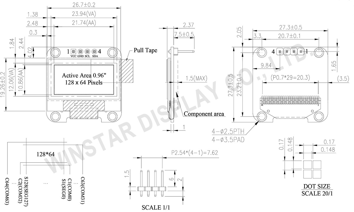 4 Pin OLED Display (COG+PCB) 0.96", 128x64 - WEA012864D-03