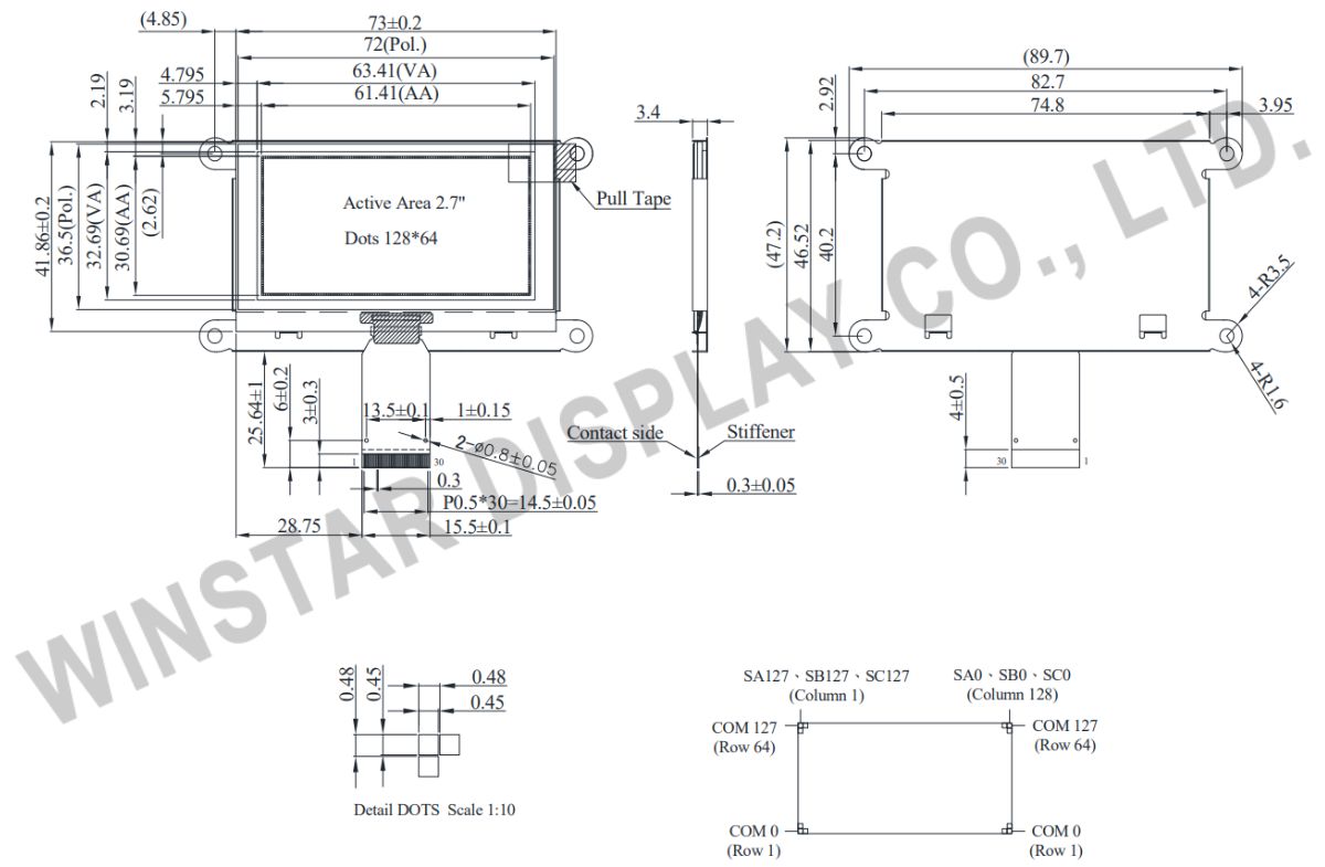 2.7 inch,128x64 COG OLED Display Module (IC SSD1357) with Frame - WEF012864U