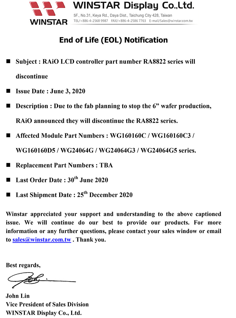 Subject : RAiO LCD controller part number RA8822 series will discontinue