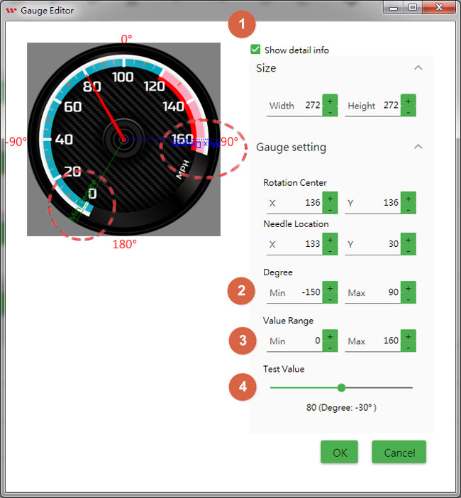Vista previa del indicador en Gauge Editor de GUI Builder