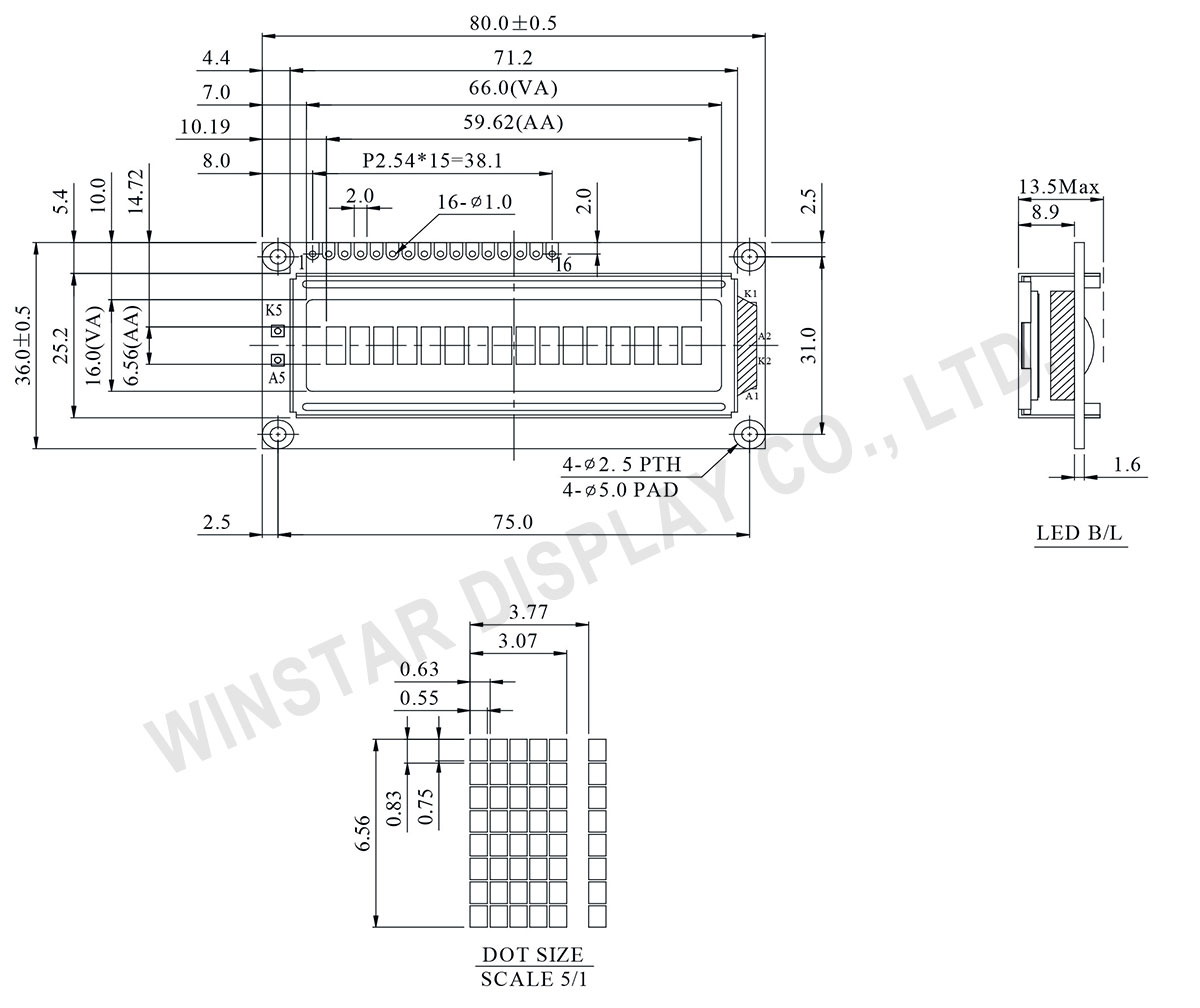 Winstar Character LCD Display 16x1, LCD 16x1, 16x1 LCD Display - WH1601A
