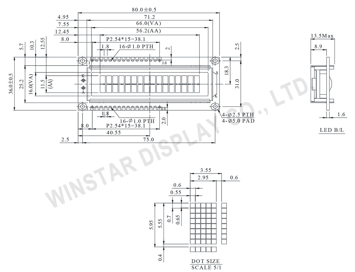 Winstar WH1602W 16x2 Character LCD Display