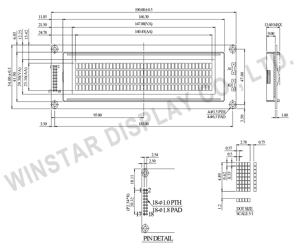 WH4004A1 - 40x4 Character LCD Display, LCD Display 40x4, Winstar Display LCD 40x4