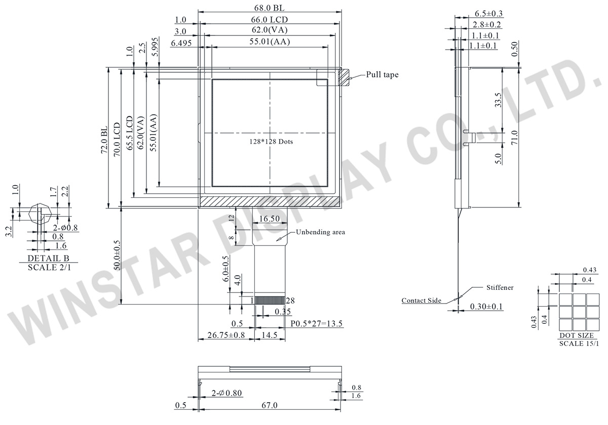 128x128 COG Graphic STN LCD Display Module (ST75161 IC) - WO128128B