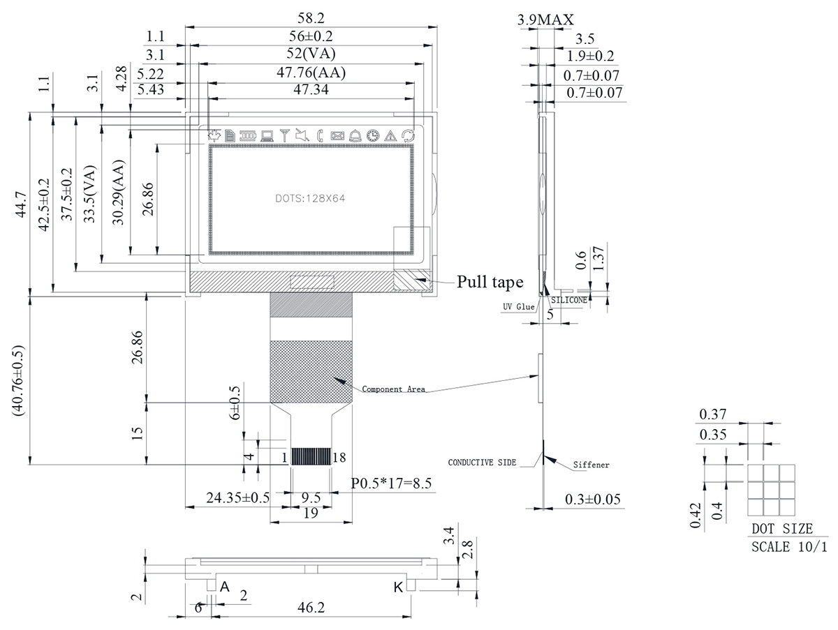 128x64 COG LCD Display Module (ST7565P) - WO12864U