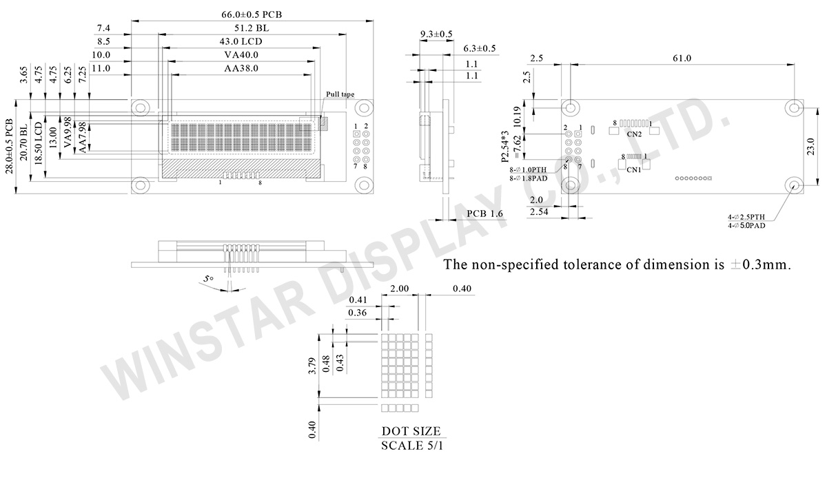 16 Characters x 2 Lines COG LCD Display - WO1602I3 / WO1602I5