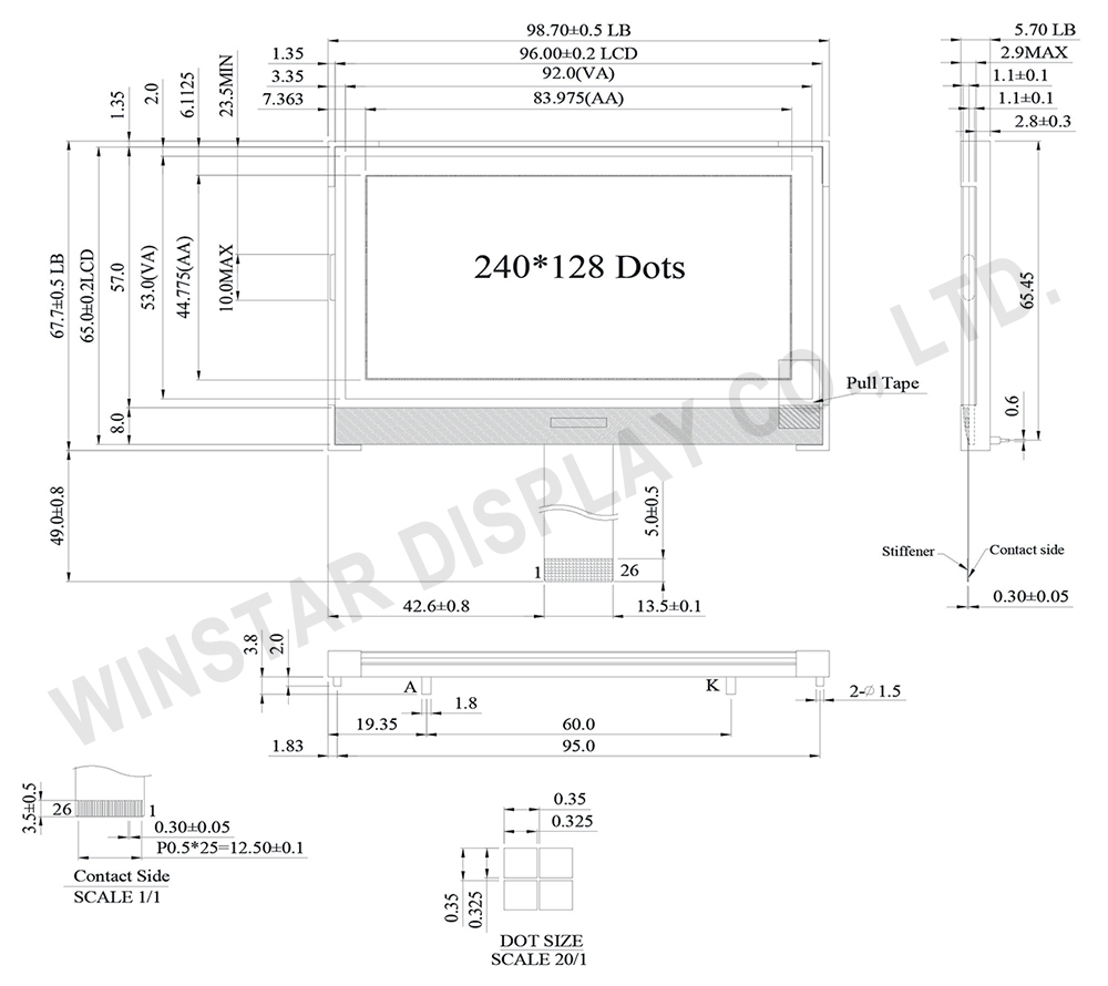3.75-inch 240x128 COG Graphic LCD Display Module - WO240128C