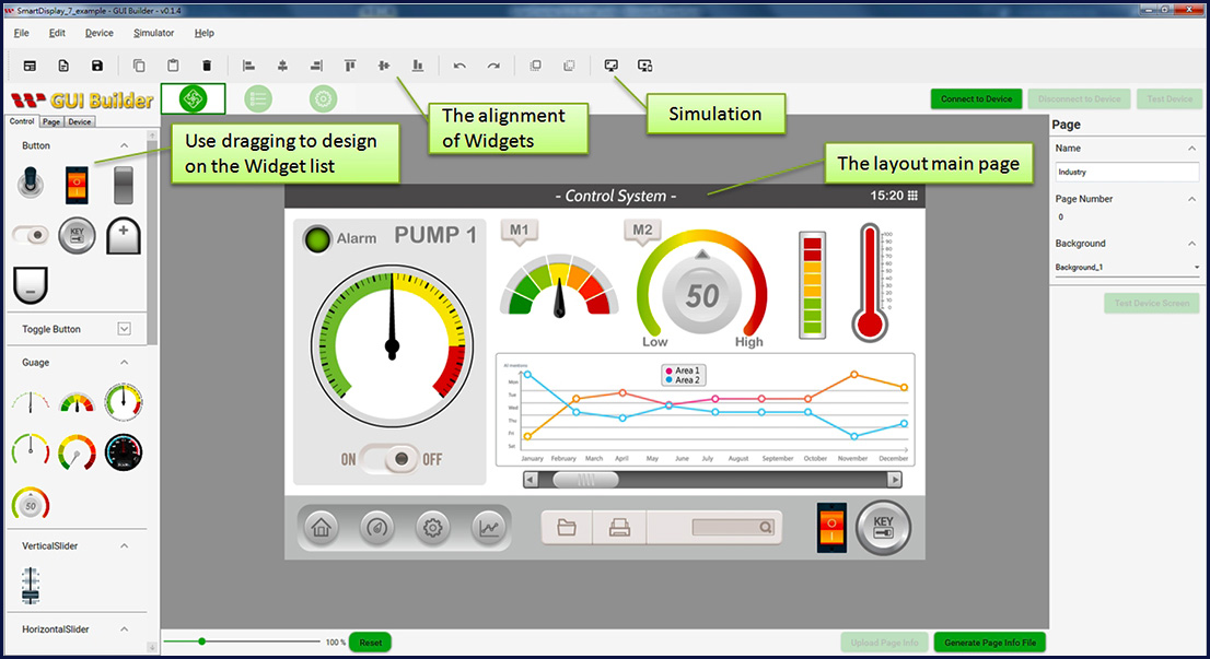 La pagina di progettazione di GUI Builder per smart display -1