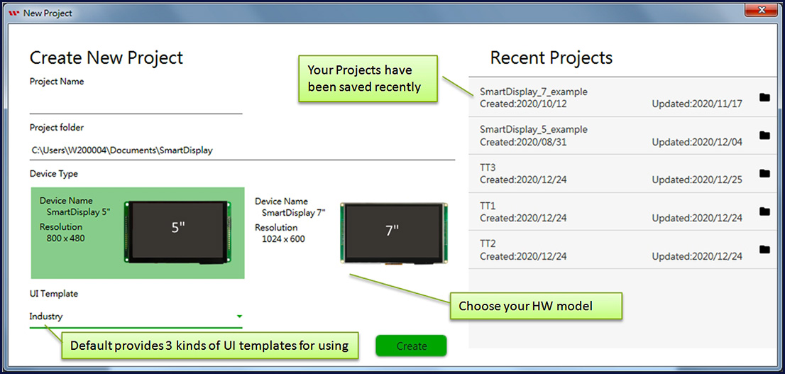 The Start screen of SmartDisplay GUI Builder