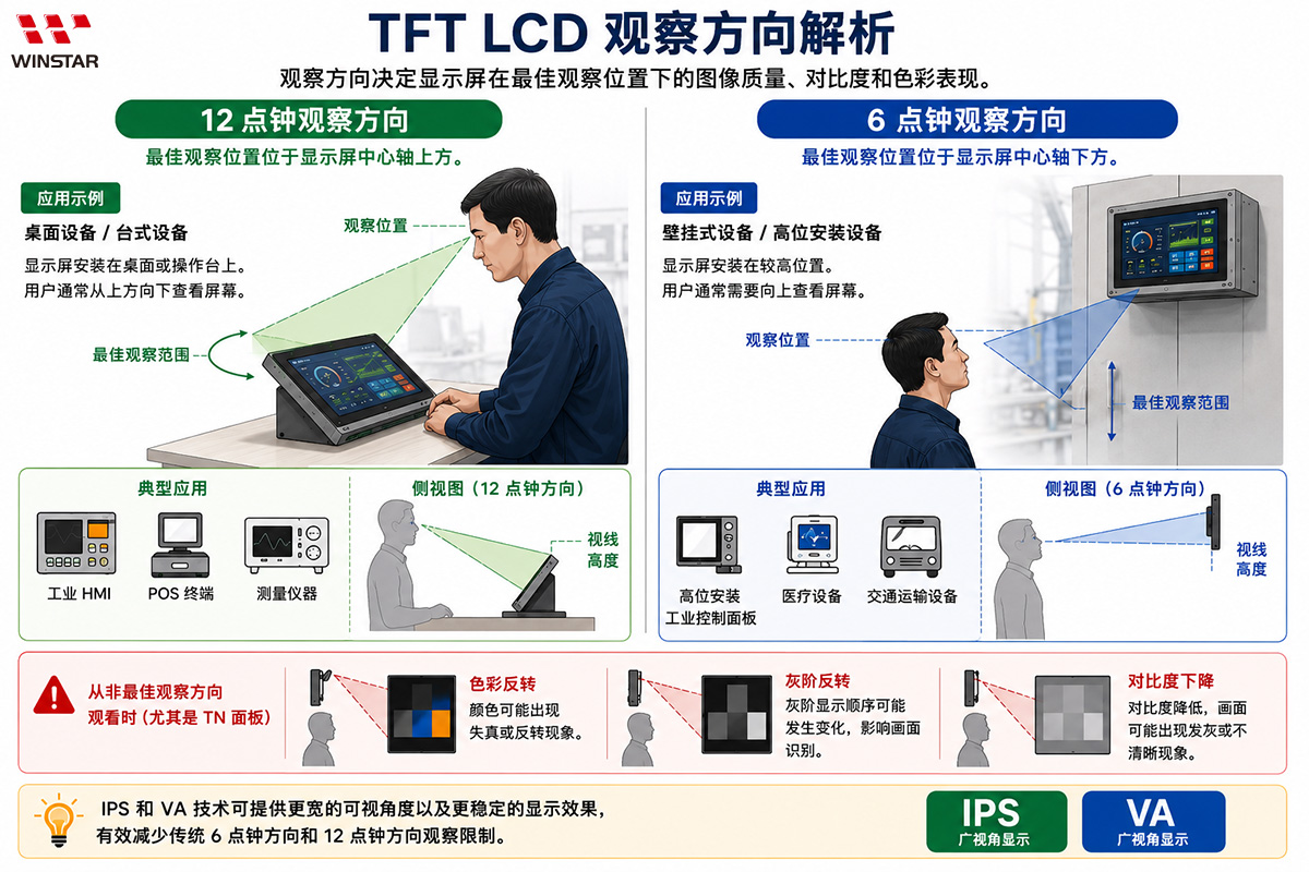 TFT LCD 6 点钟与 12 点钟观察方向示意图