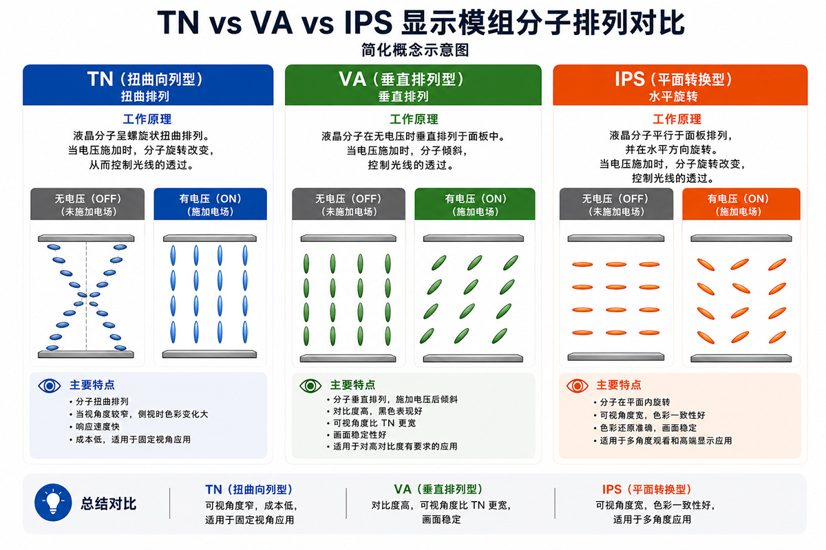 TN、VA 与 IPS LCD 分子排列方式对比示意图