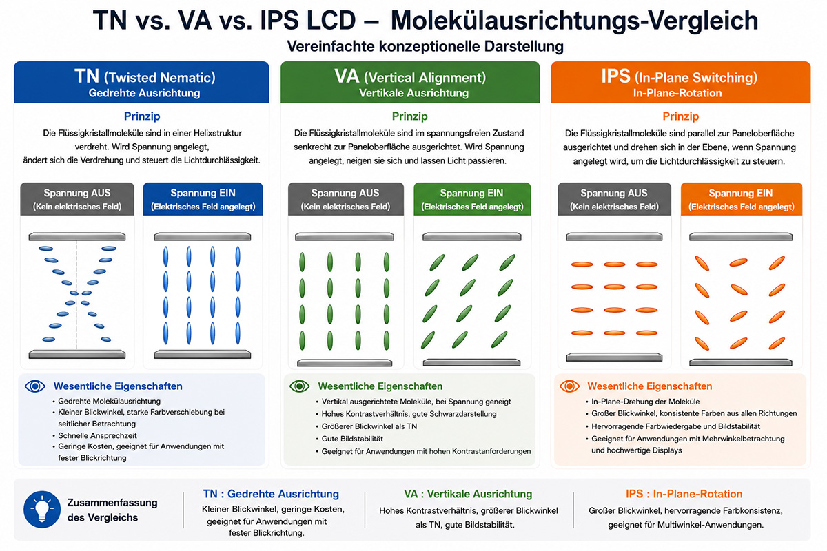 Vergleich der Flüssigkristall-Ausrichtung bei TN-, VA- und IPS-Technologien | Vereinfachte schematische Darstellung