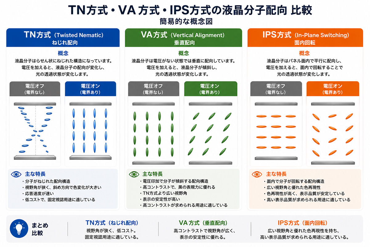 TN・VA・IPSの液晶分子配向比較 簡略概念図