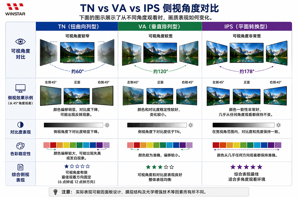 TN、VA 与 IPS TFT LCD 侧视角显示效果对比