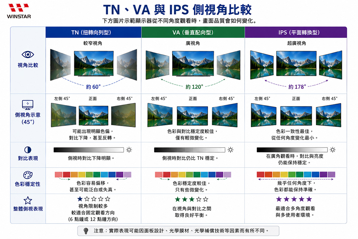 TN、VA、與 IPS 側視角比較