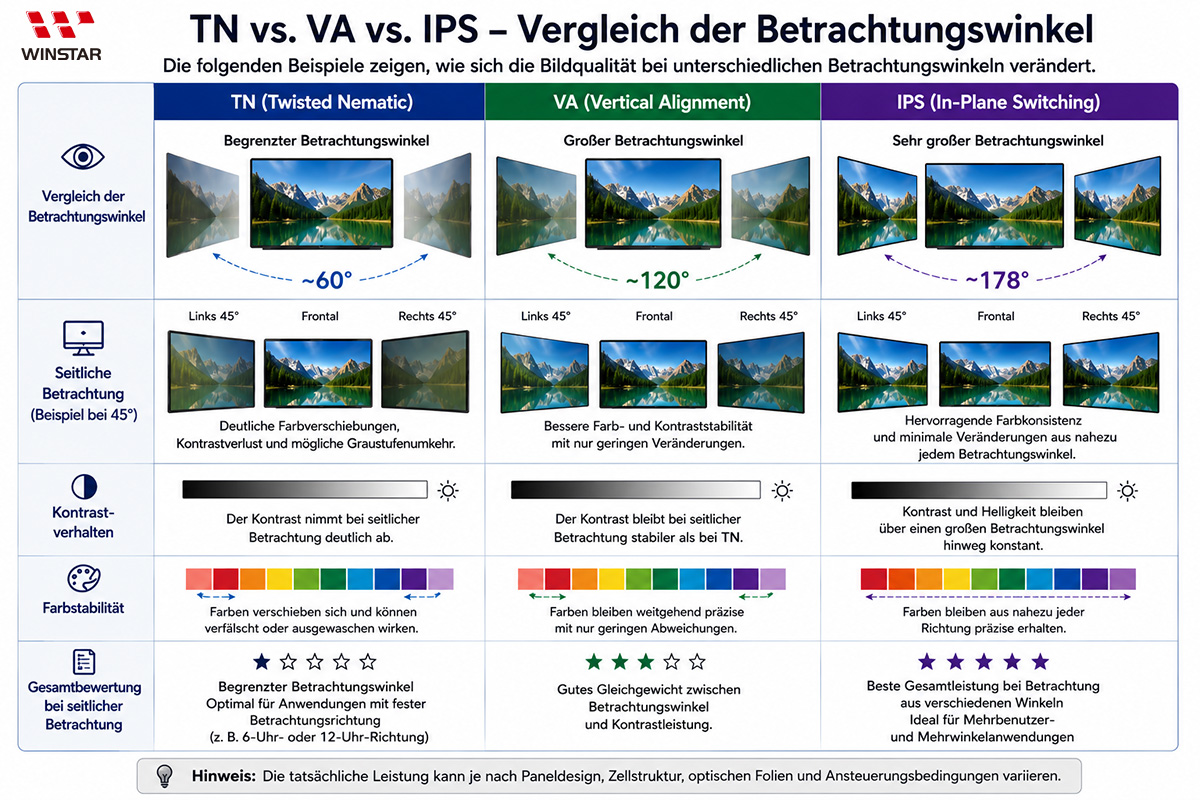 Vergleich der seitlichen Betrachtung von TN-, VA- und IPS-Displays