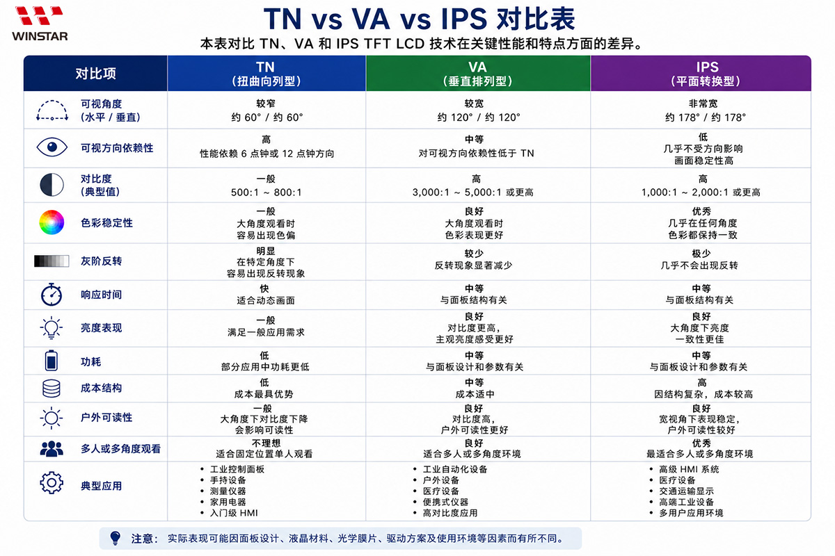 TN、VA 与 IPS TFT LCD 技术对比表