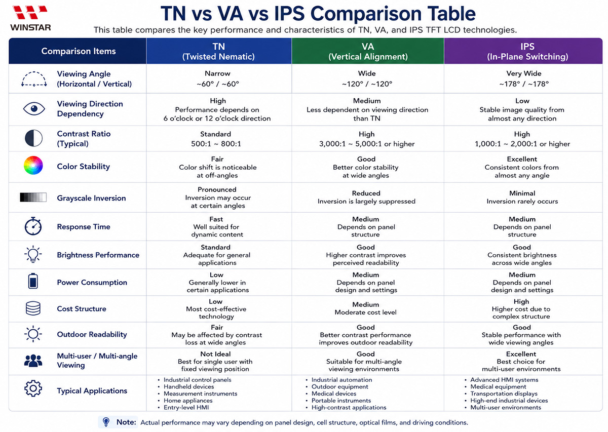 TN VA ve IPS Karşılaştırma Tablosu