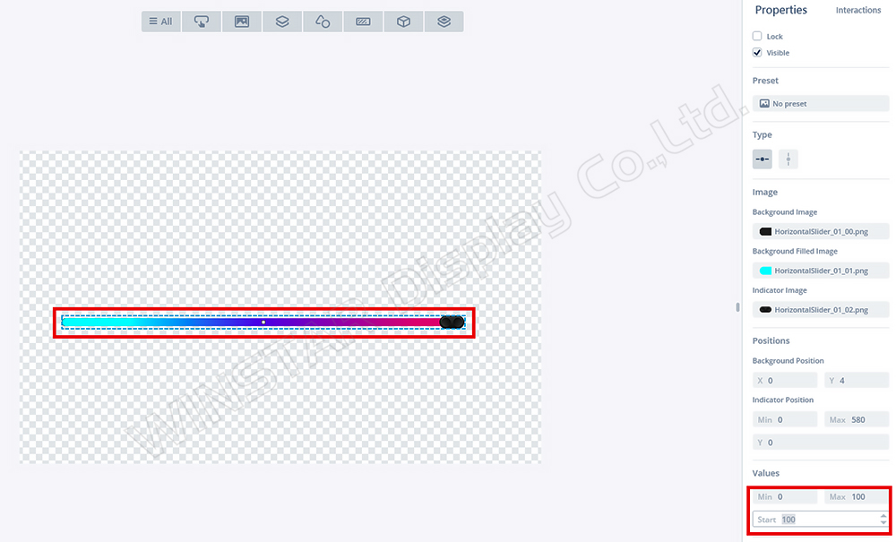 그림 22: TouchGFX에서 Start 값을 100으로 조정