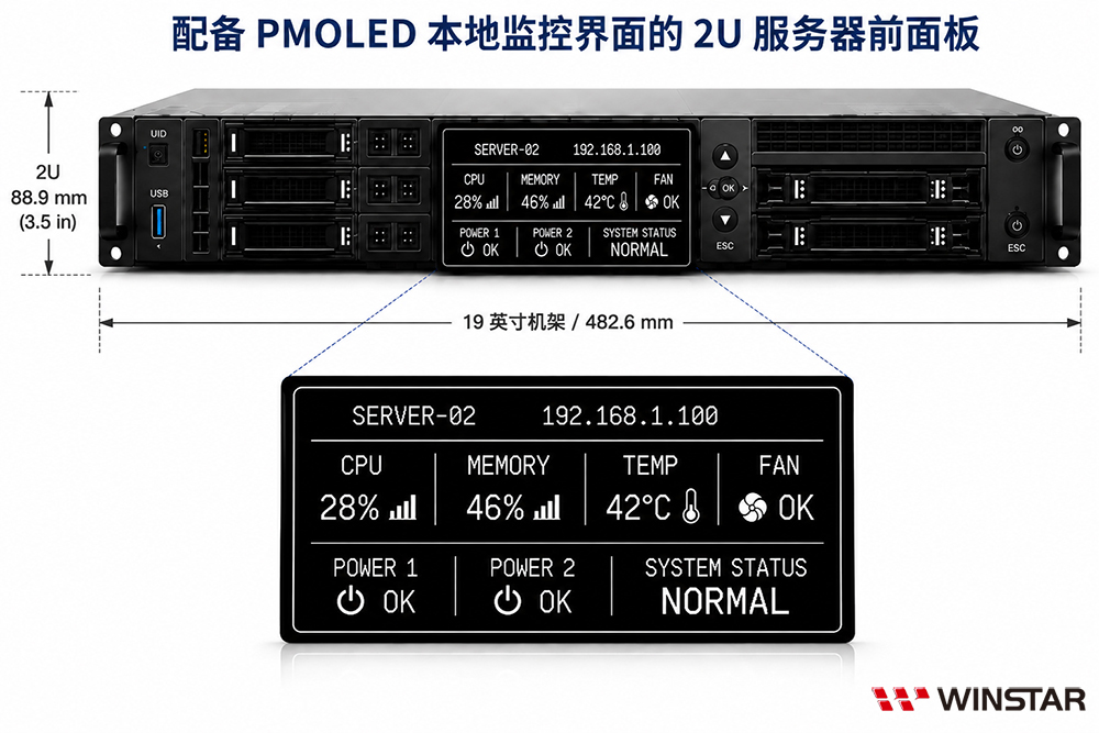 集成 PMOLED 本地监控界面的 2U 服务器前面板示意图