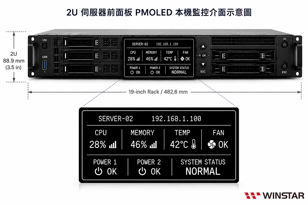 2U 伺服器前面板 PMOLED 本機監控介面示意圖