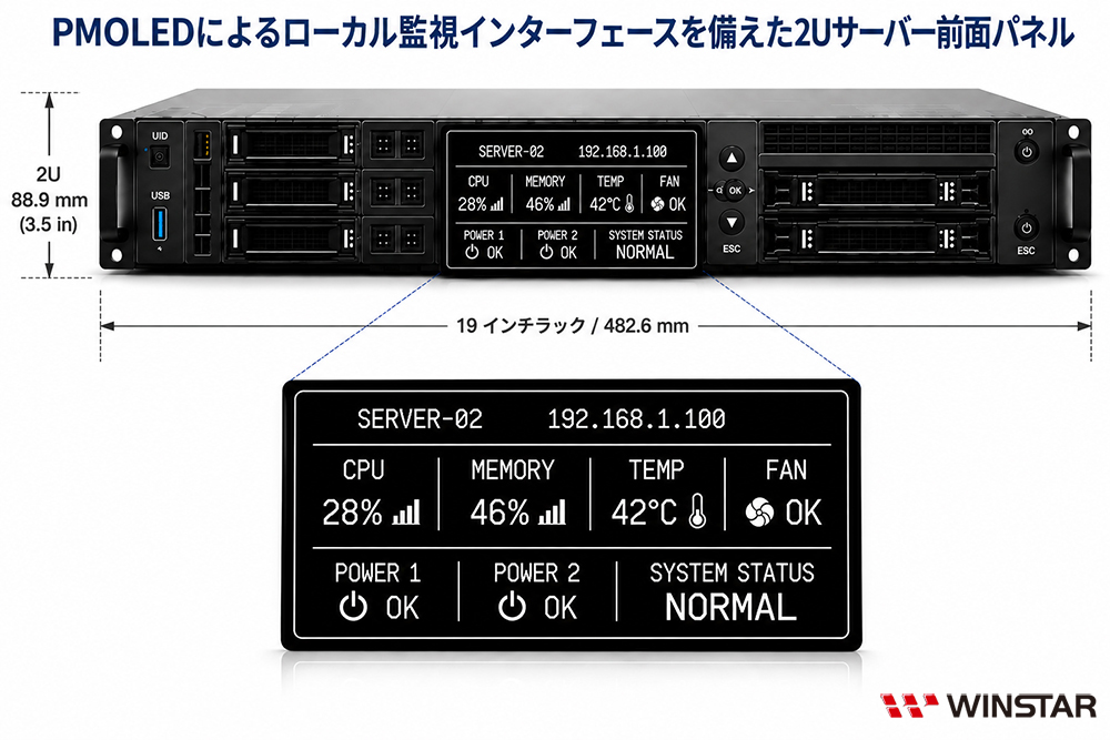 PMOLEDローカル監視インターフェースを搭載した2Uサーバーのフロントパネル