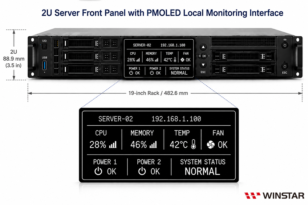 Panel frontal de un servidor 2U con pantalla PMOLED para monitorización local del sistema