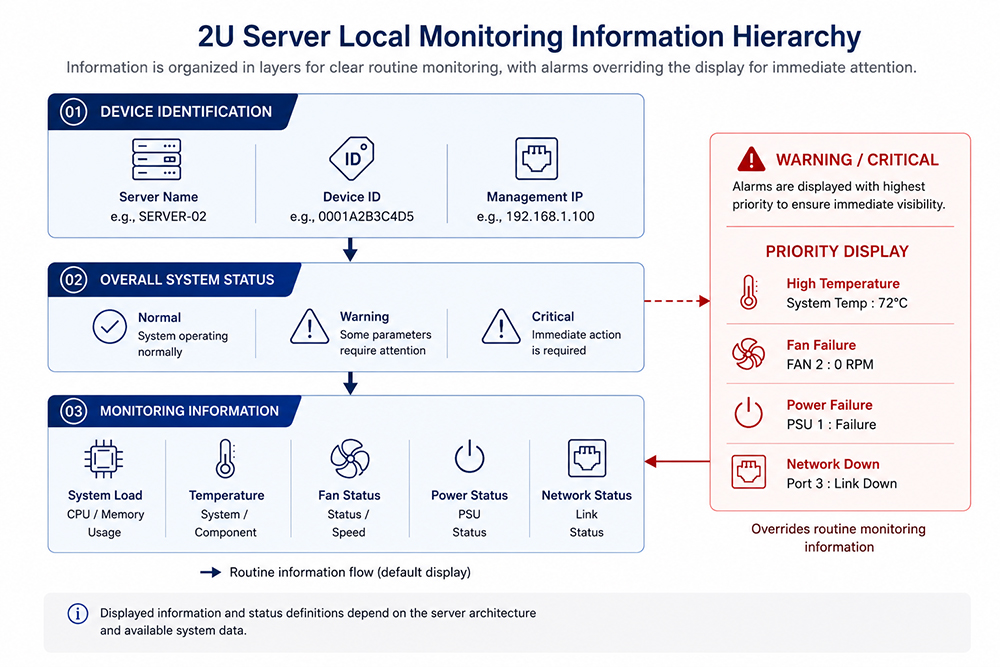Jerarquía y prioridad de la información de monitorización local en un servidor 2U