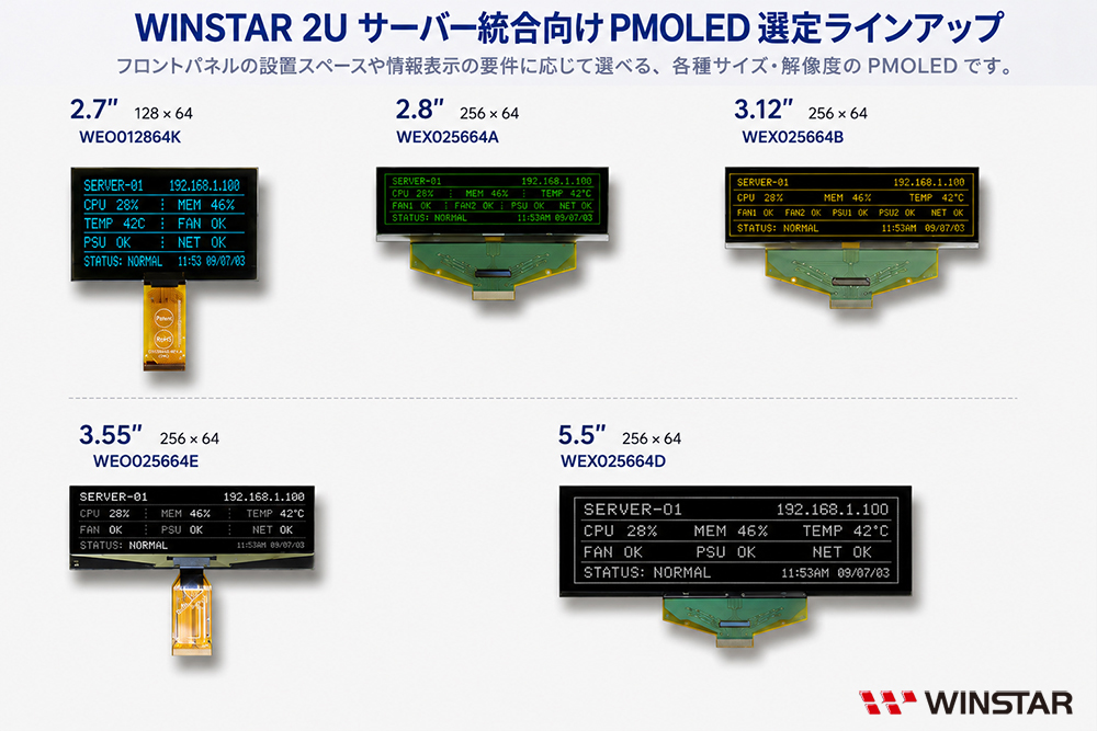 2Uサーバーへの組み込みに対応するWINSTARの各種PMOLEDディスプレイ