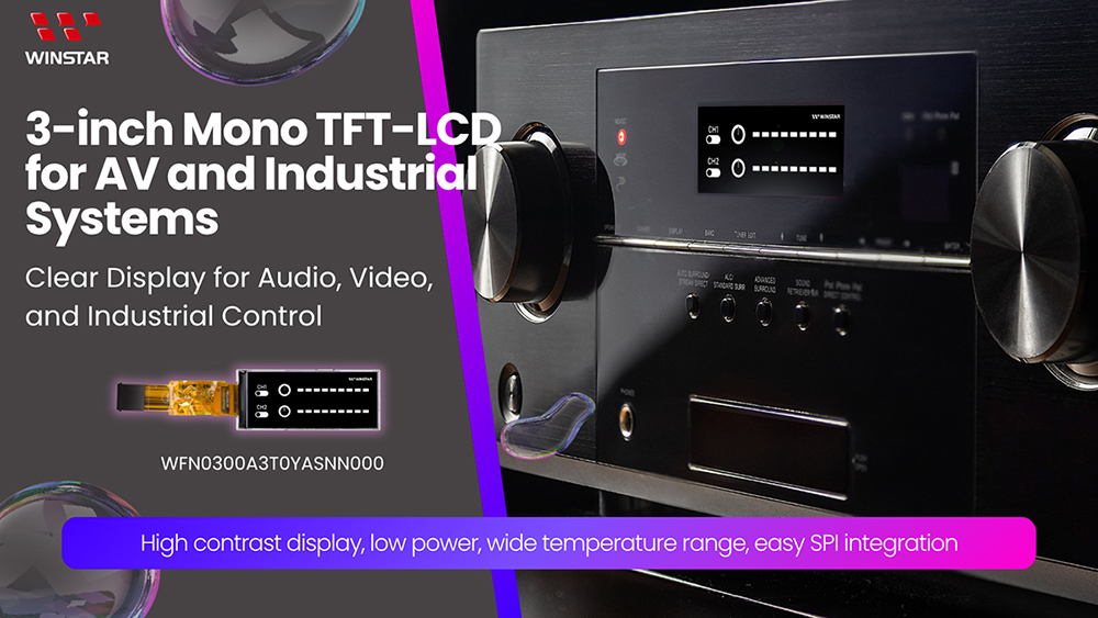 3-inch Mono TFT-LCD for AV and Industrial Systems. Clear Display for Audio, Video, and Industrial Control