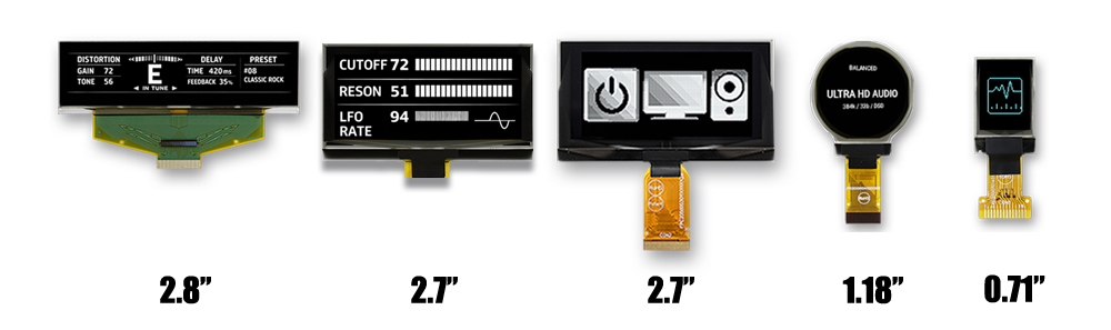 2.8" & 2.7" bar displays (pedals & synths), 1.18" circular (Hi-Fi DACs), 0.71" narrow-bezel (wireless microphones)