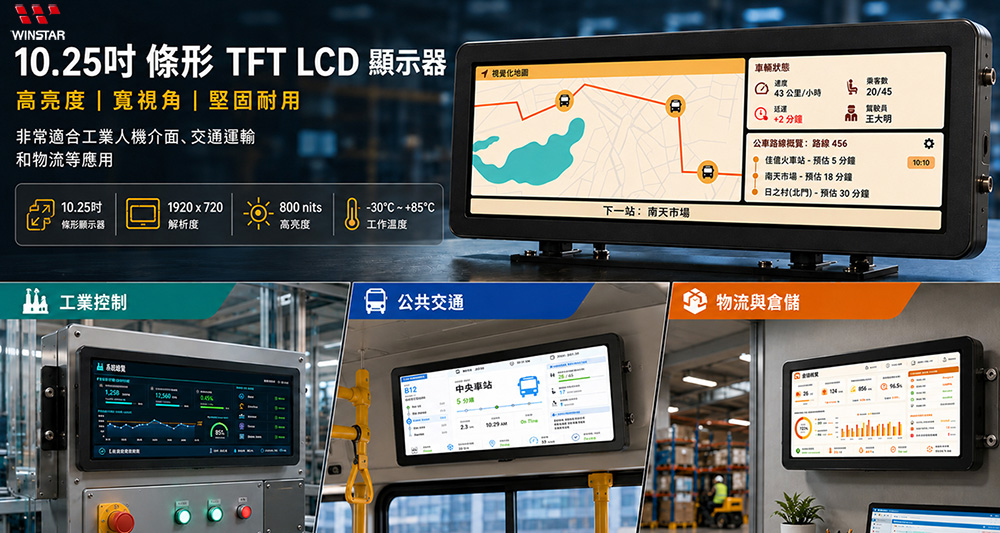 10.25 吋 Bar Type TFT LCD,具備 IPS、PCAP 與光學貼合