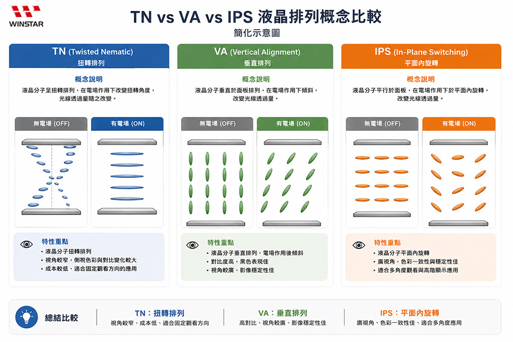 TN、VA 與 IPS LCD 分子排列比較