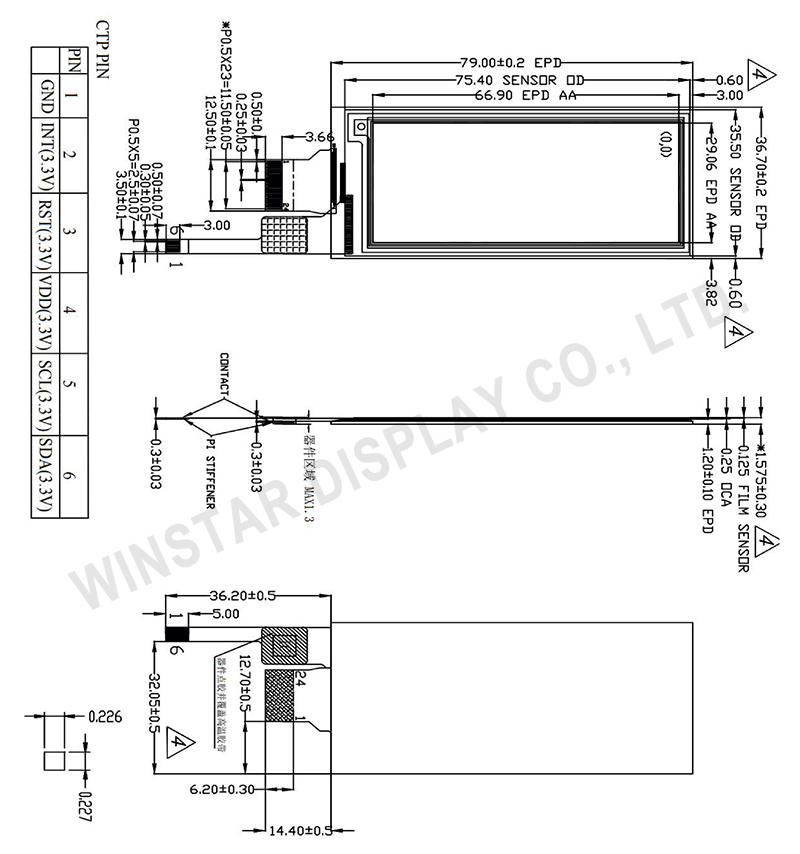 2.9-inch 296x128 E-paper Display with Capacitive Touch - WAA0290A2ABA8NXXX000