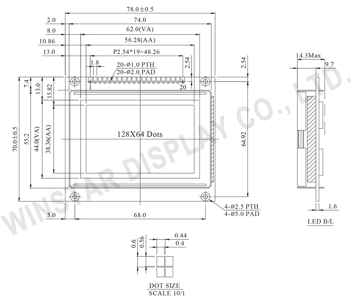 128x64 Dot Matrix Graphic LCD Display - WG12864C