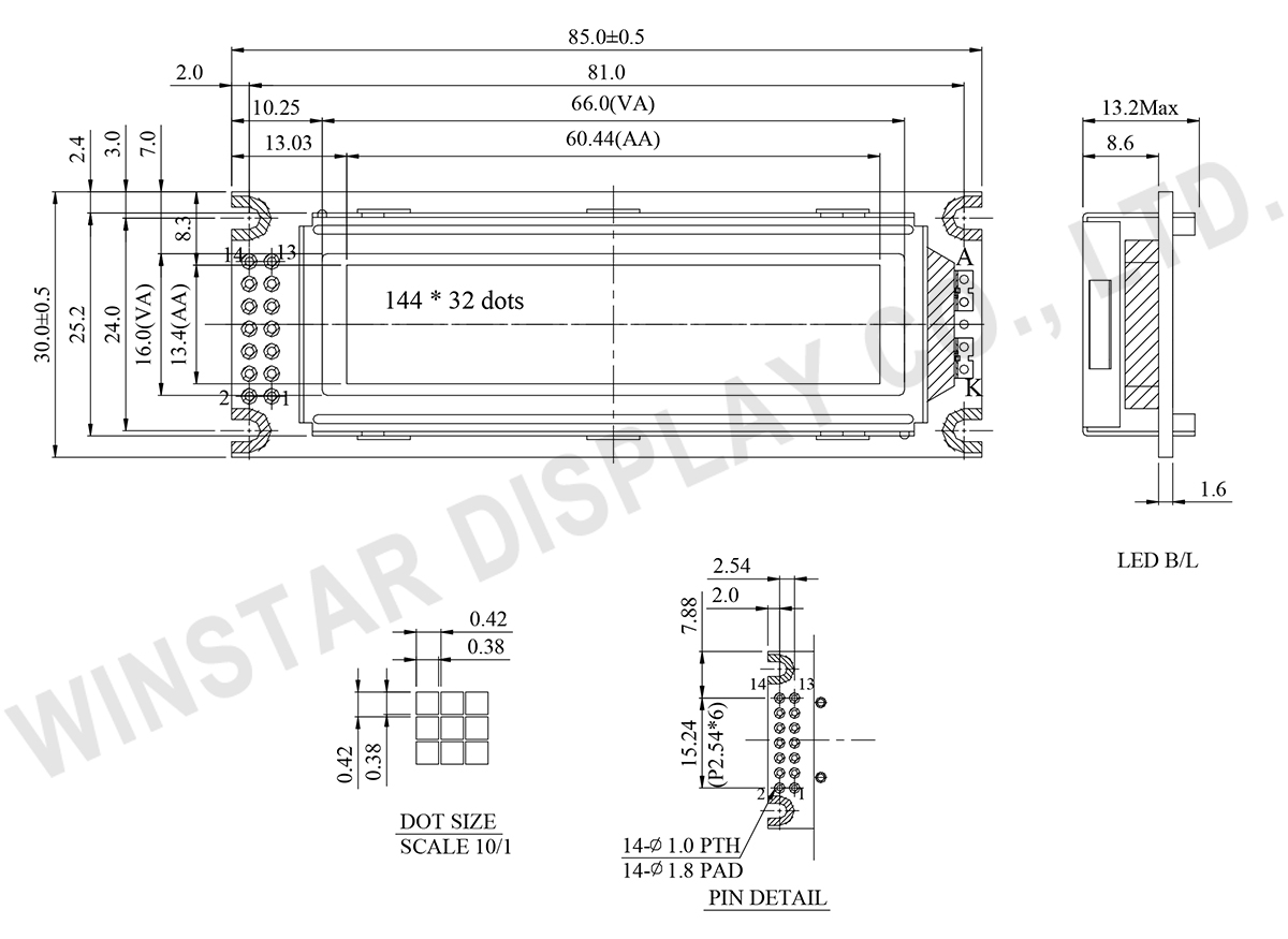 Winstar 144x32 LCD Graphic Display - WG14432D