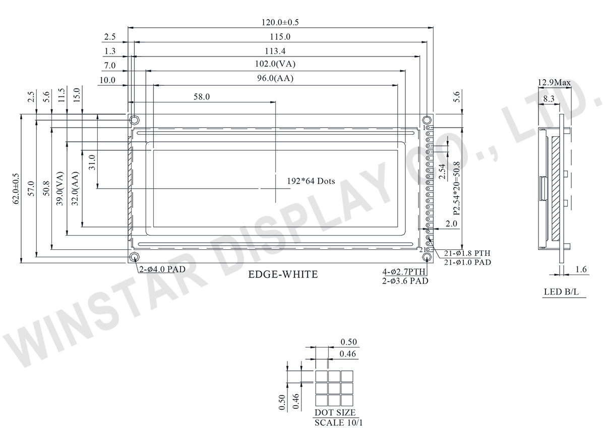 WG19264D - 192x64 LCD Graphic Displays Drawing