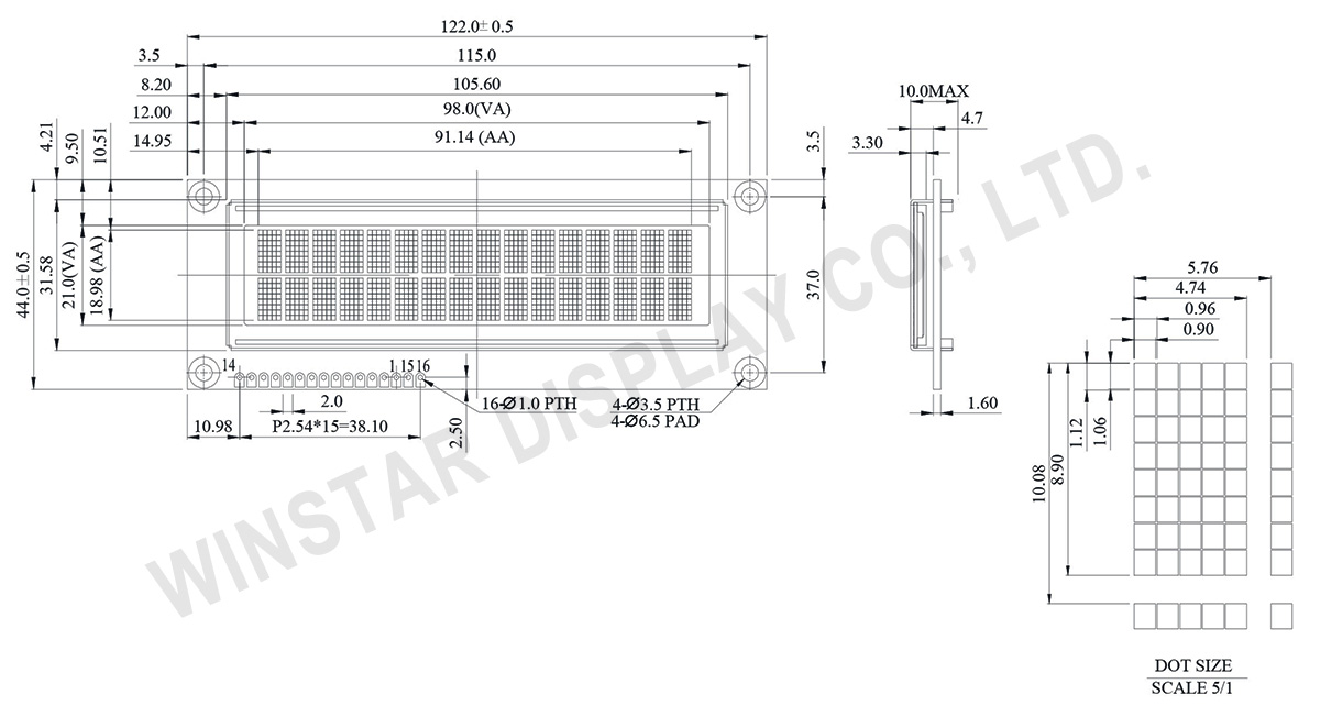 WEH001602H - OLED 16x2 Character Display, oled 16x2, 16x2 oled Drawing