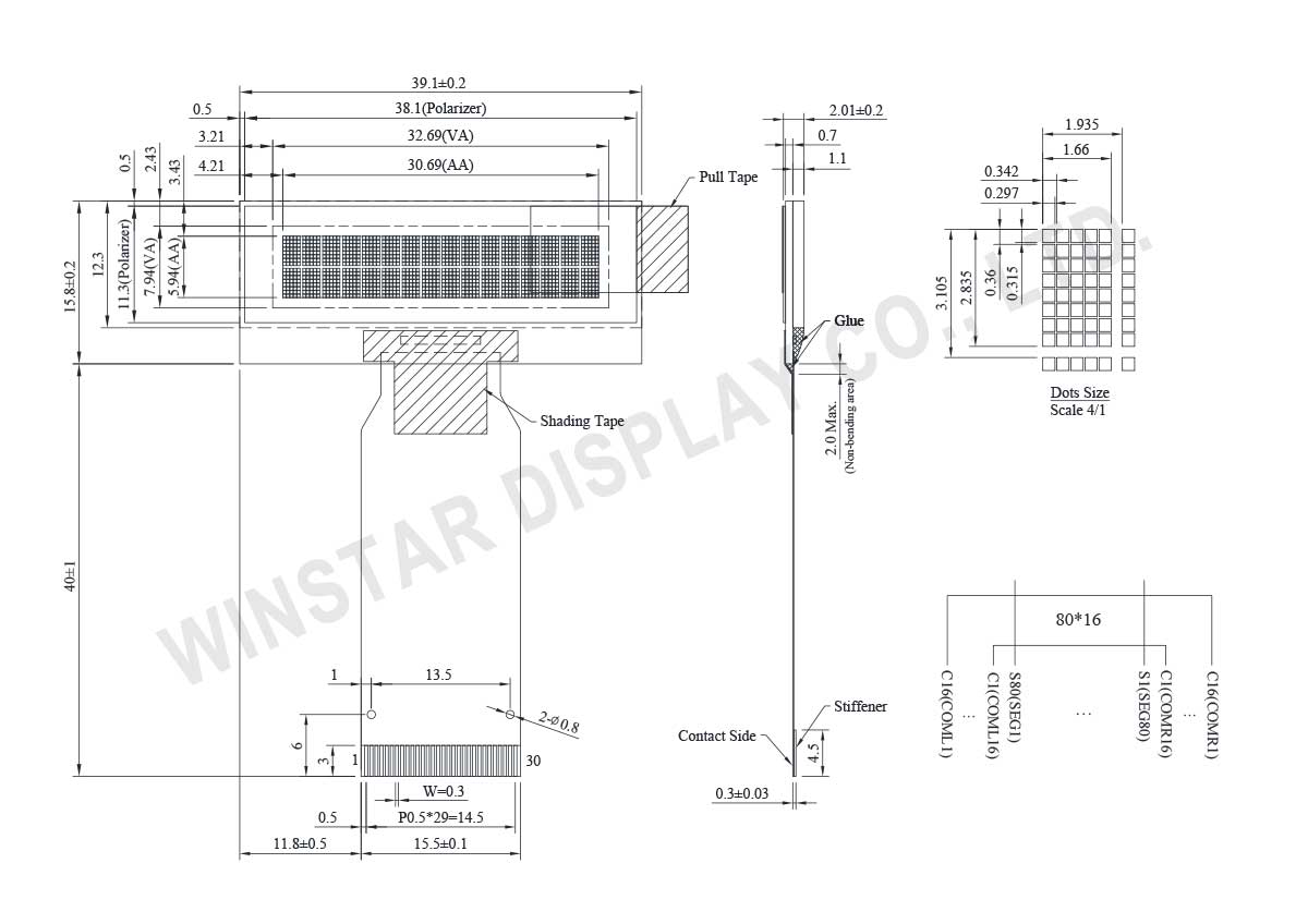 WS0012 OLED, 16x2 COG 1.23 inch OLED Character Display with WS0012 IC - WEO001602H