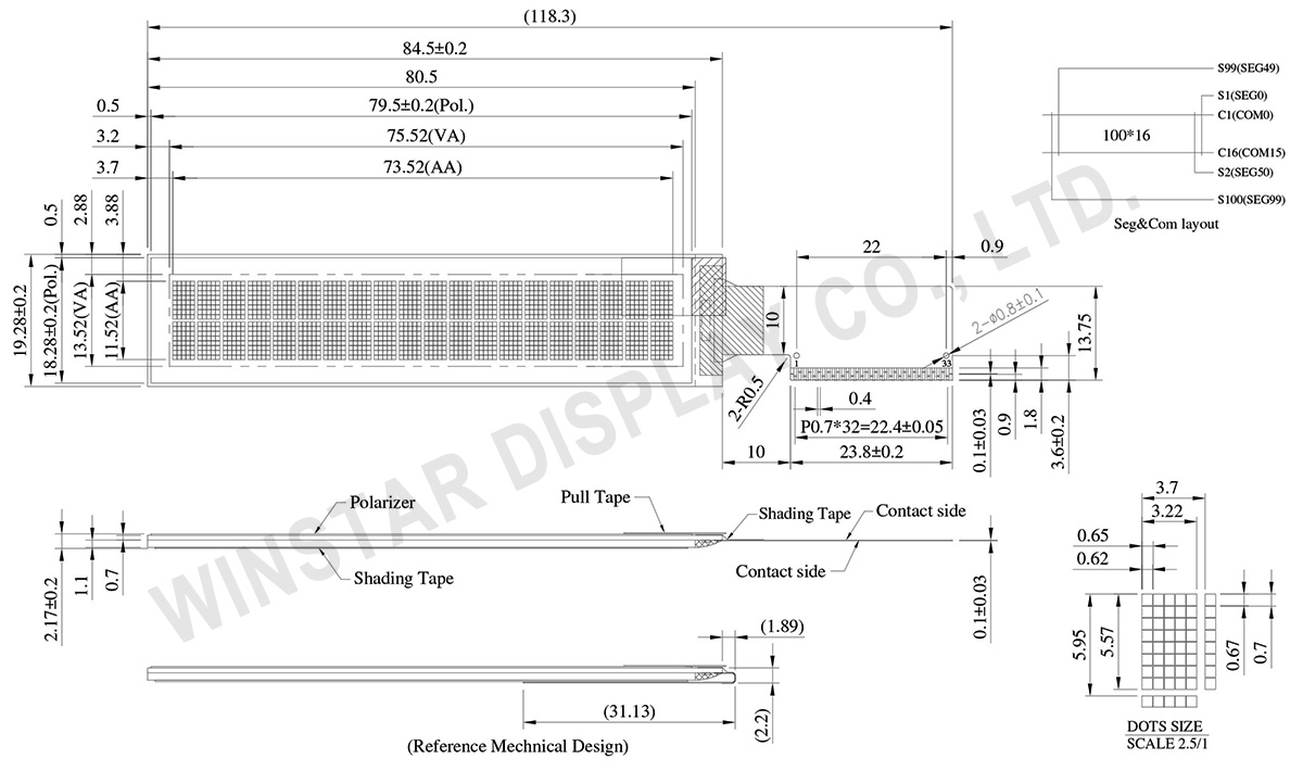 20x2 OLED, 20x2 COG OLED Display Module with SSD1311 Controller, 2.93 inch - WEO002002A