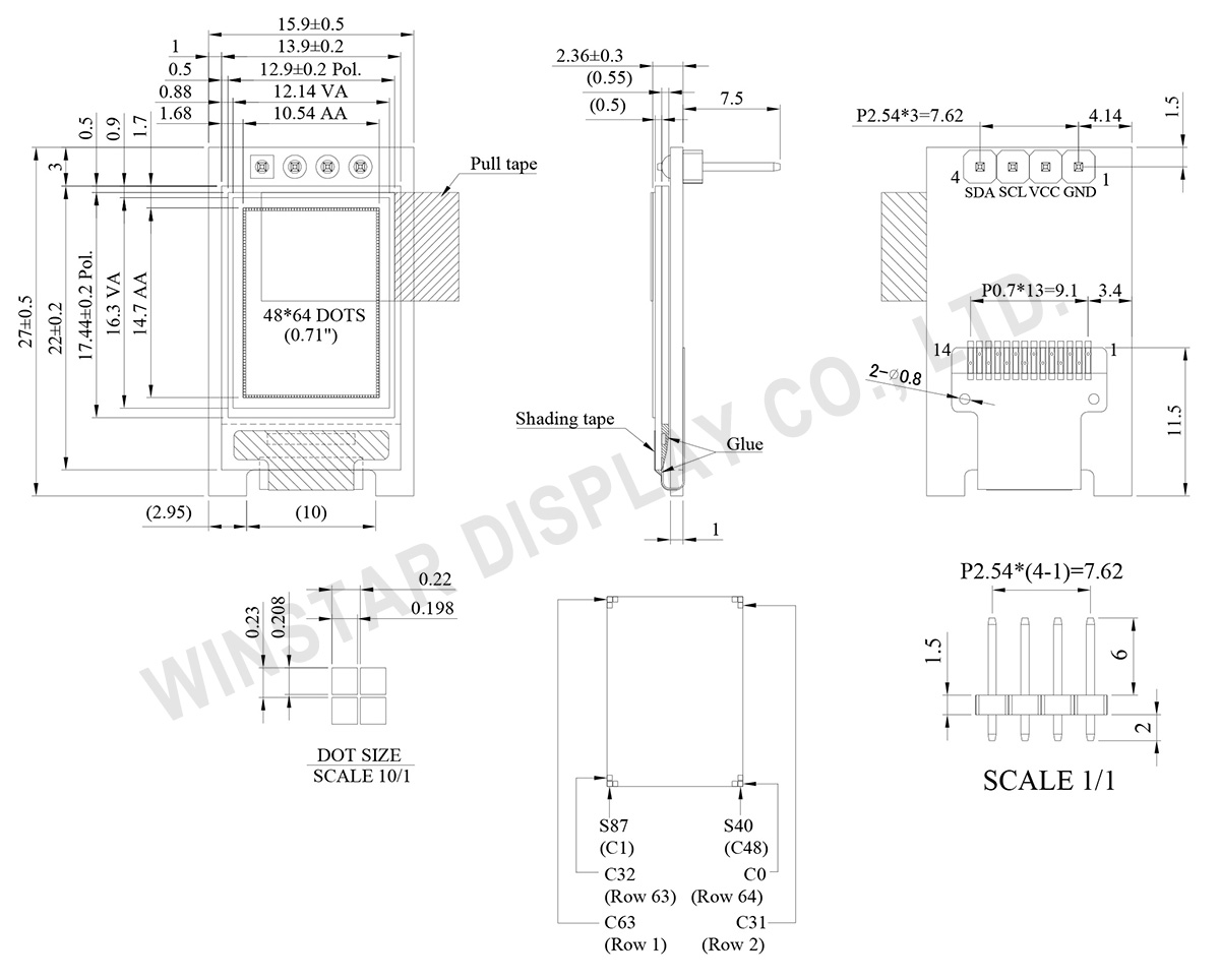 Tiny OLED, Tiny OLED Screen, Tiny OLED Display COG PCB, 48x64, 0.71 - WEA004864A - Winstar