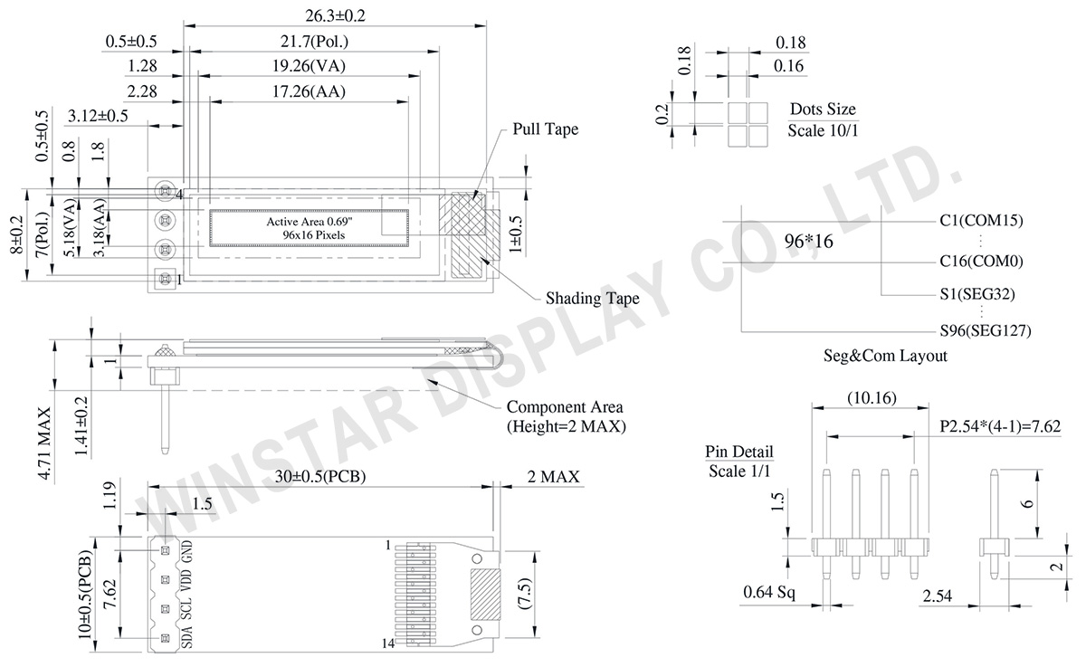 0.69 inch 96x16 Graphic OLED Module (COG+PCB Version) - WEA009616B