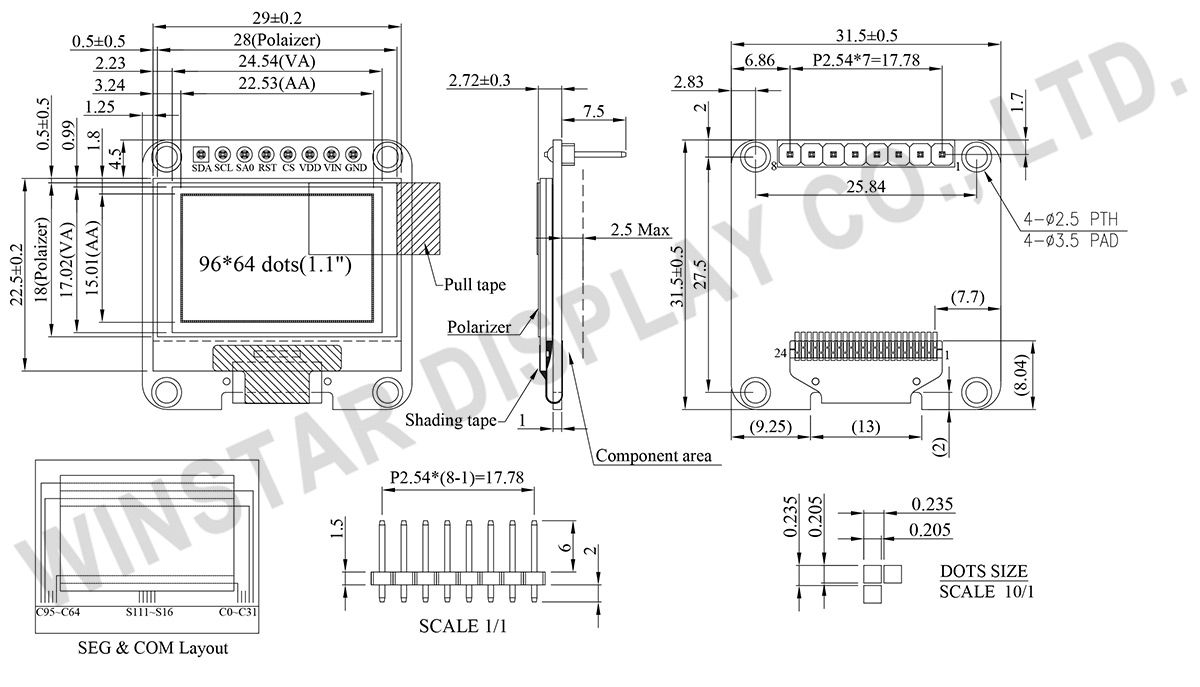 96x64 OLED Display,1.1 OLED - WEA009664B - Winstar Display