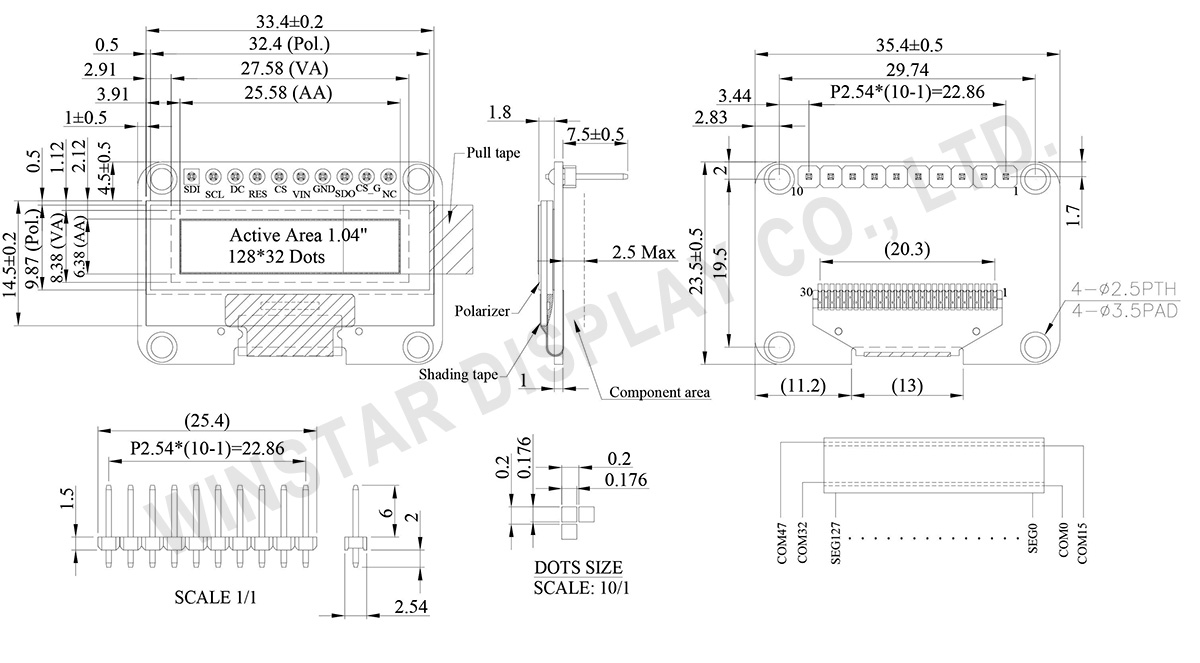 1.04 SSD1306 OLED Display, OLED SSD1306, OLED 128x32 SSD1306 Display (COG+PCB) - WEA012832E