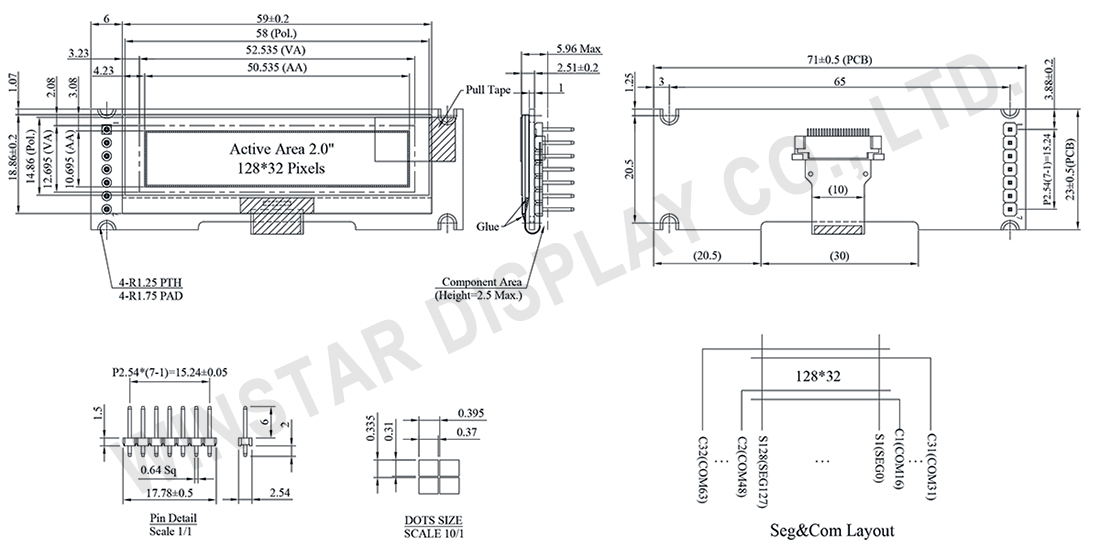 2 inch OLED Display Module 128x32 COG Design with PCB - WEA012832K