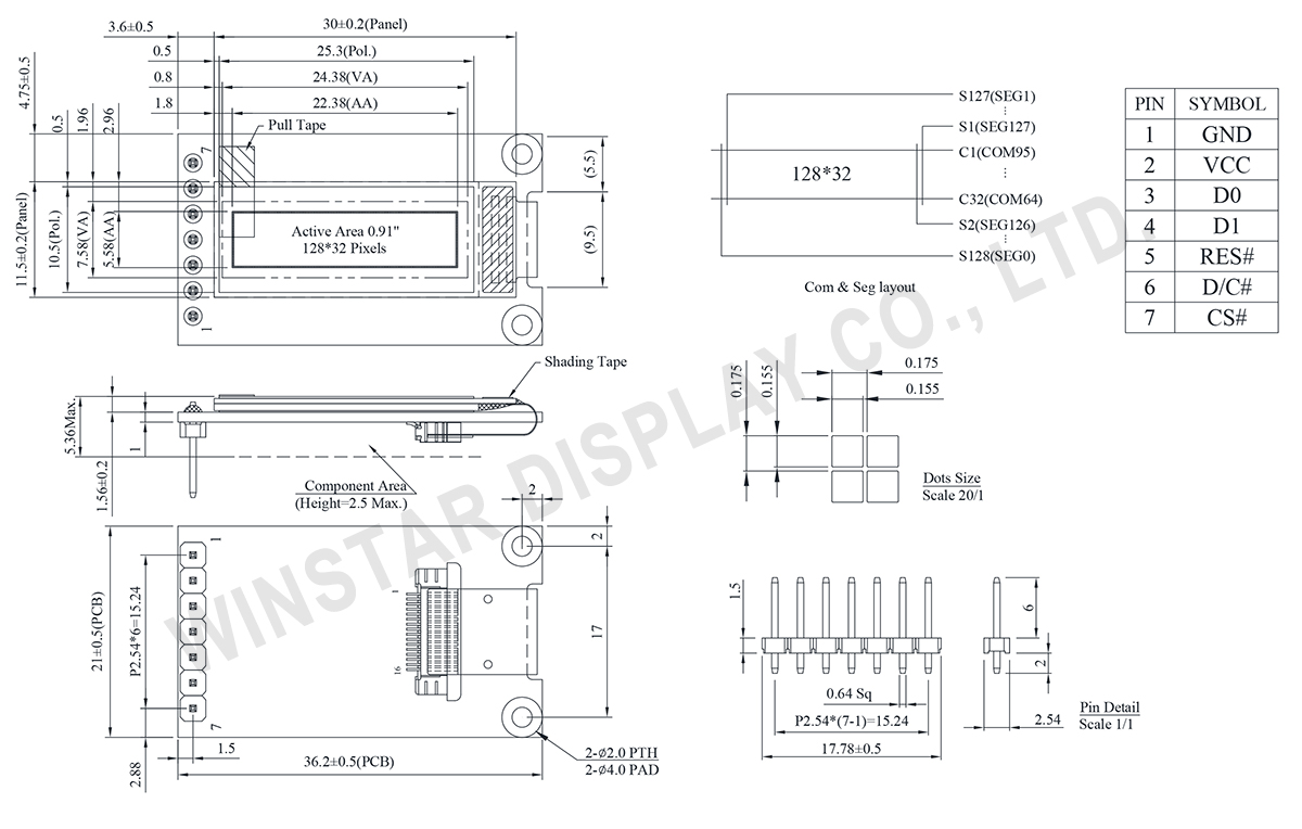 OLED Display I2C, 0.91 OLED I2C with PCB, 128×32 COG, CH1120 - WEA012832S