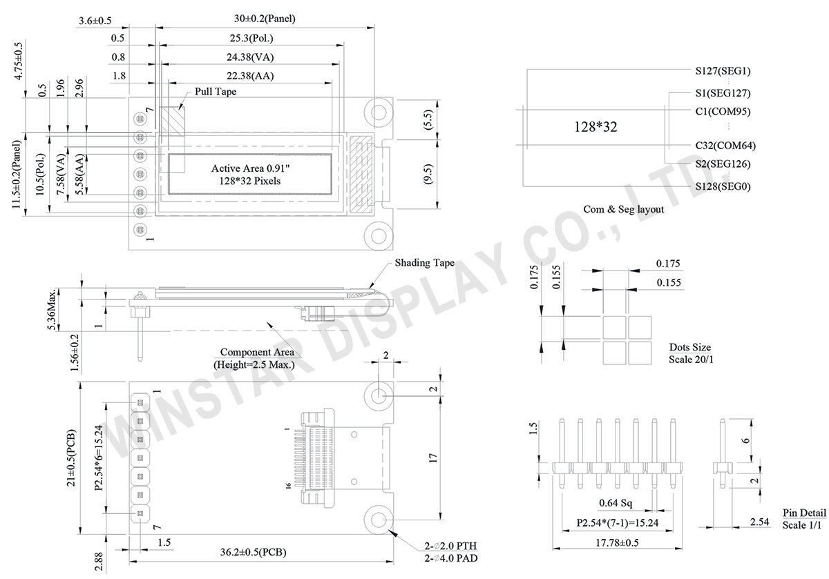 OLED Display I2C, 0.91 OLED I2C with PCB, 128×32 COG, CH1120 - WEA012832S